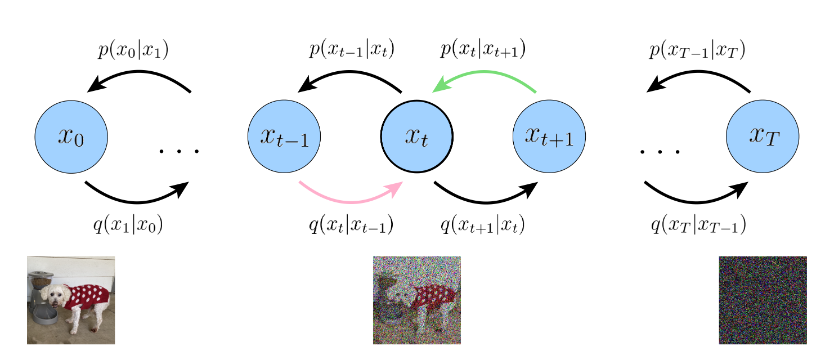 Figure 5: Graphical representation of a Denoising Diffusion Model. The decoder is the $p$ function, the encoder is the $q$ function. (Image source: Calvin Luo; 2022)