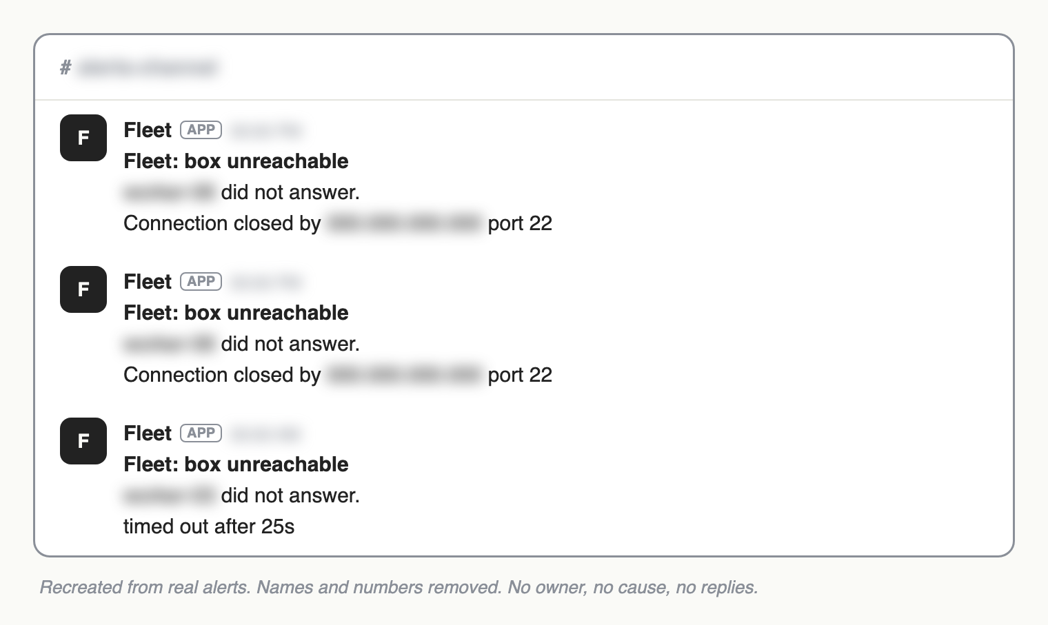 Before: three &ldquo;box unreachable&rdquo; alerts with no owner and no cause